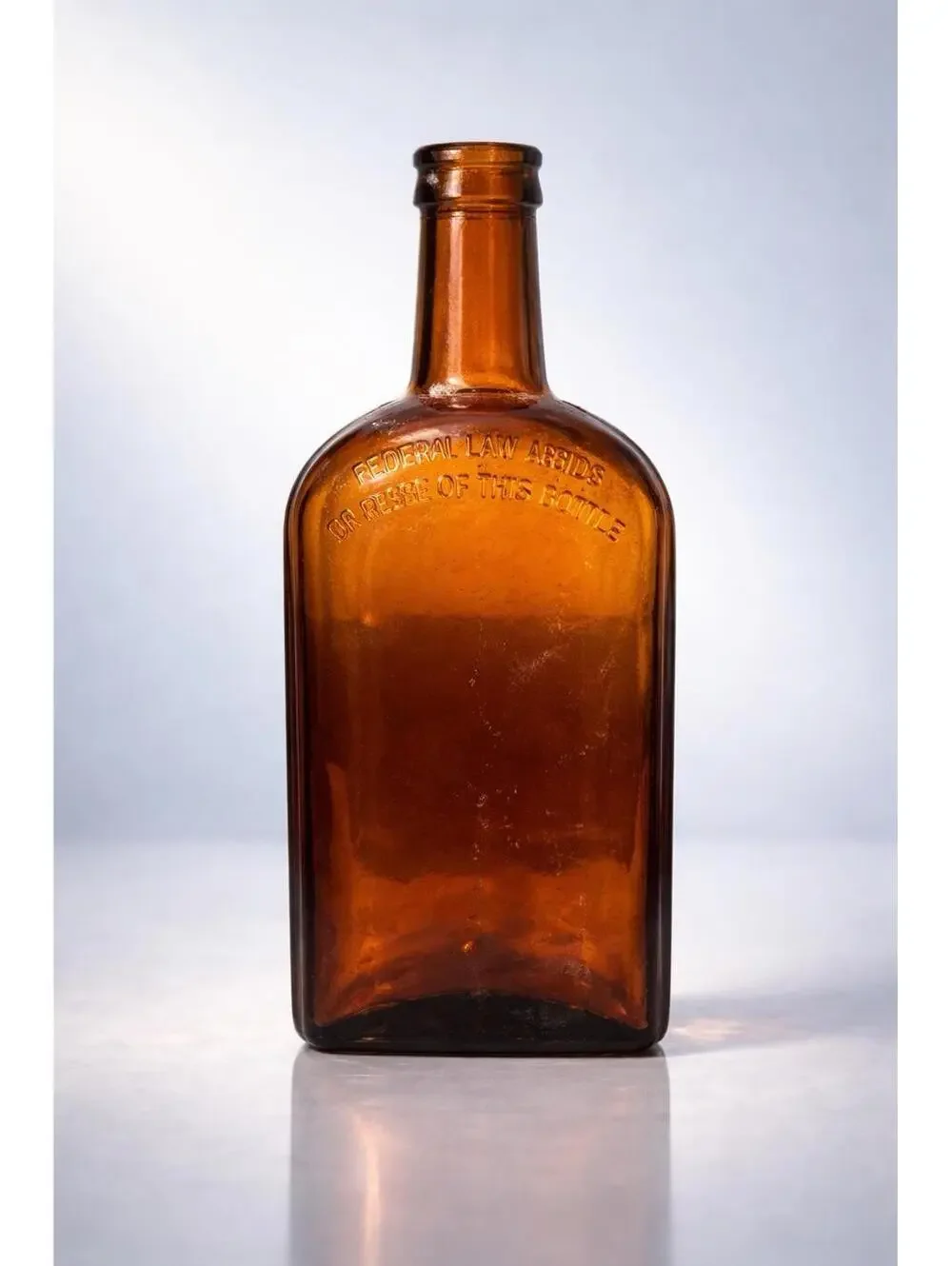 Wheaton Glass Co 1952 Federal Law Amber Strap-Sided Liquor Bottle, 3.5x7.75”